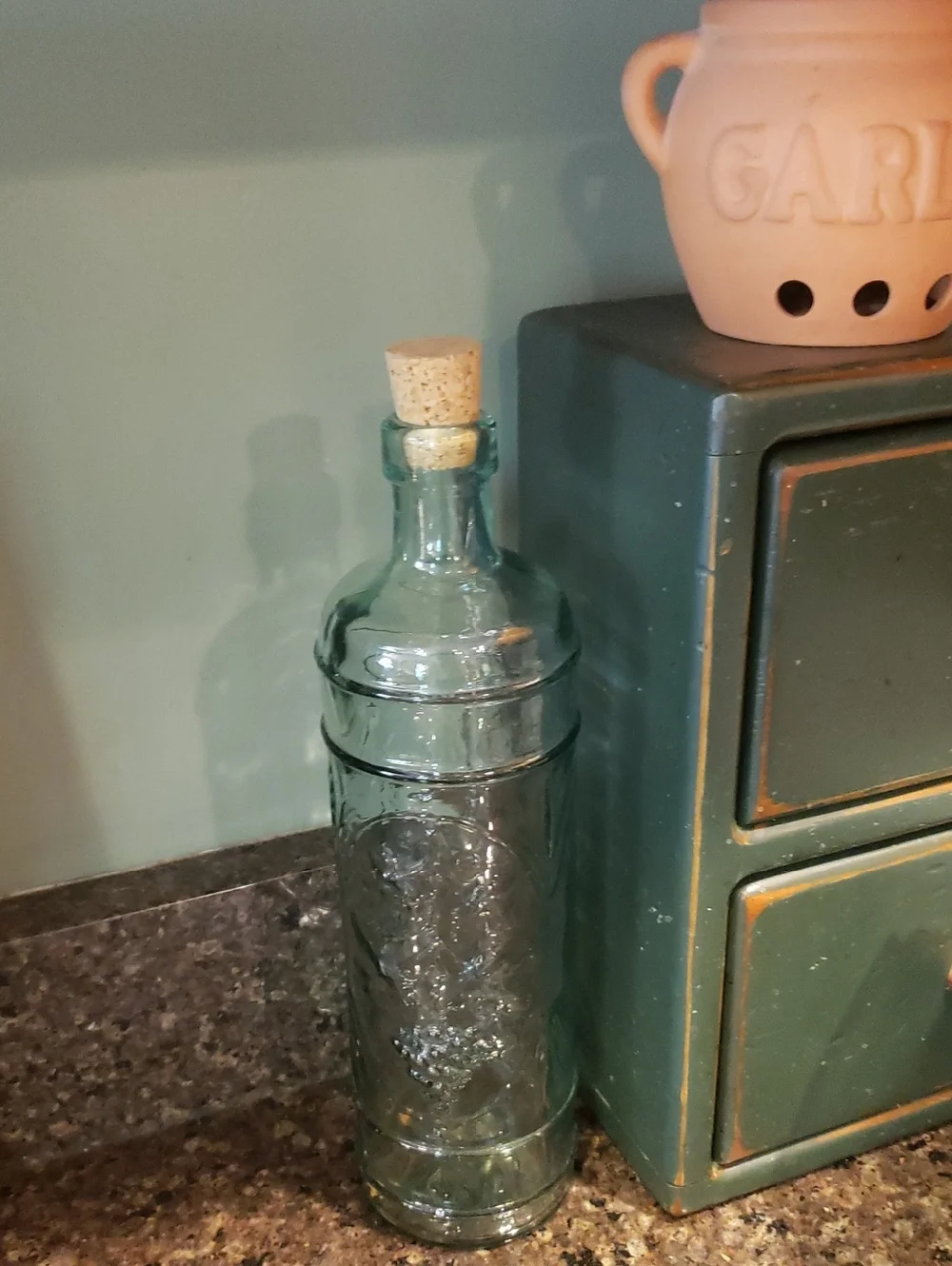 Grapevine Design Green Tinted Glass Bottle with Cork Stopper